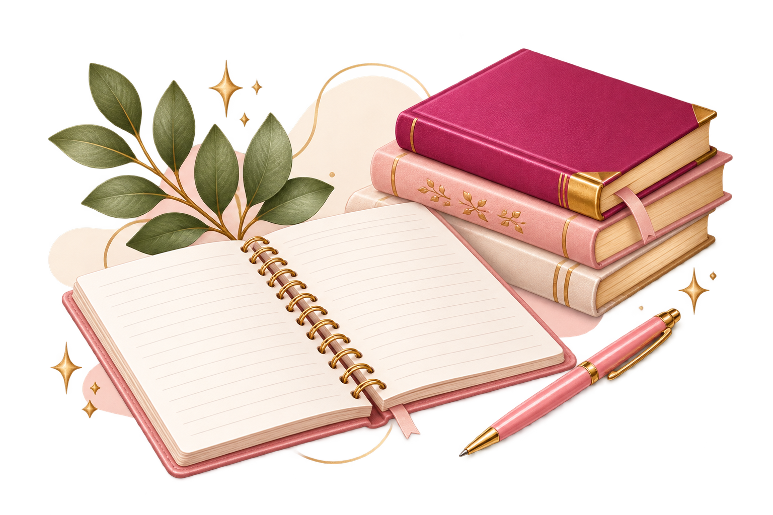 Caderno, livros e caneta em tons rosé